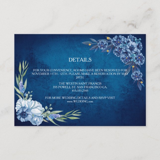 Blue Elegant floral summer wedding Tilläggskort (Framsida)