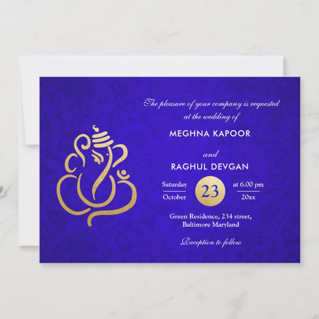 Blue Elegant Gold Foil Ganesha Indian Damask Inbjudningar (Framsida)