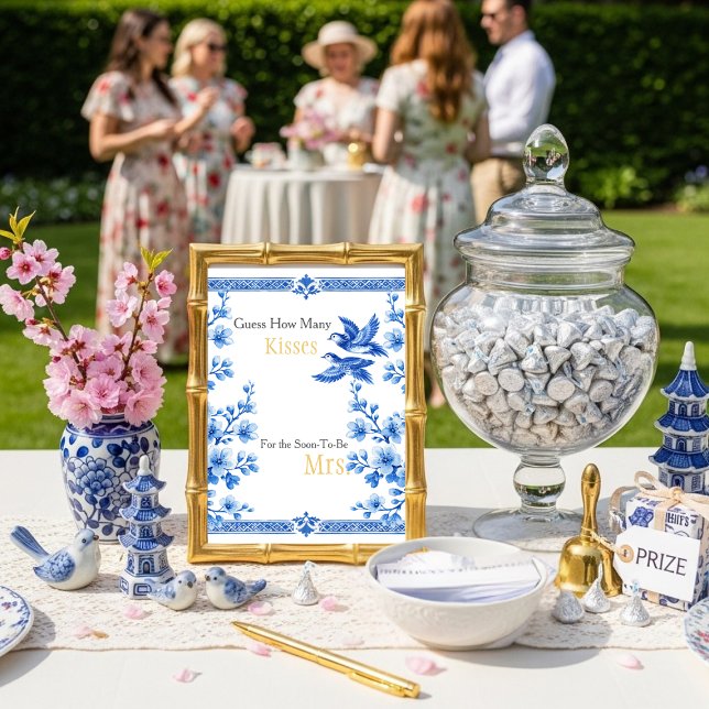 Blue Elegant Guess How Many Kisses sign Inbjudningar (Blue Elegant Guess How Many Kisses sign)