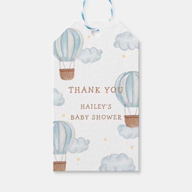Blue Elegant Luftballong Cloud Boy Baby Shower Presentetikett (Framsidan)