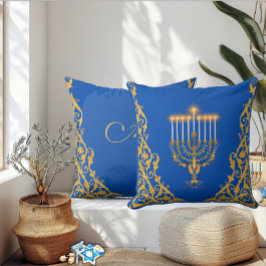 Blue Elegant Monogram Hanukkah Golden Menorah Kudde