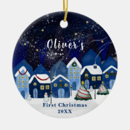 Blue Elegant Snö House Baby Frist jul Julgransprydnad Keramik