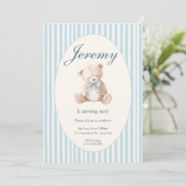 Blue Elegant Teddy Bear Baby's First Birthday Invi Inbjudningar