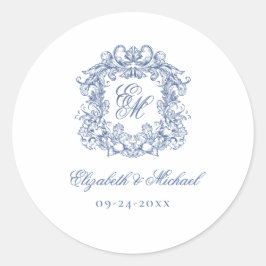 Blue Elegant Vintage Monogram Crest Wedding Runt Klistermärke
