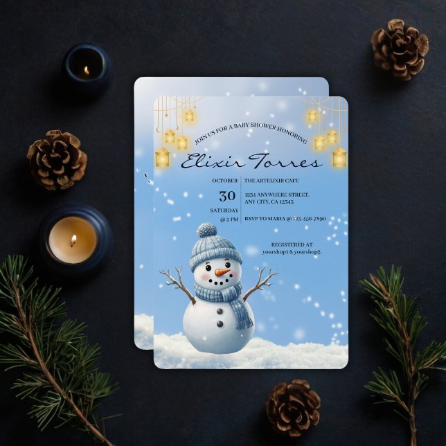 Blue Elegant Whimsical Winter Snögubbe Baby Shower Inbjudningar (Skapare uppladdad)