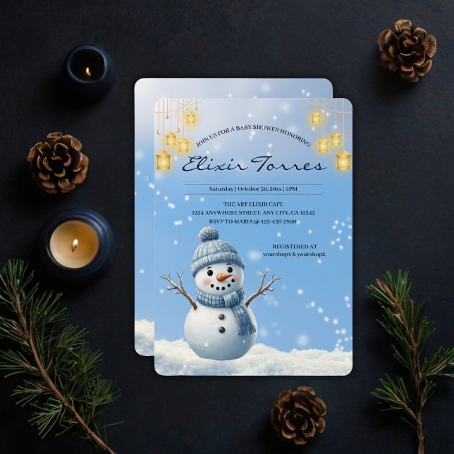 Blue Elegant Whimsical Winter Snögubbe Baby Shower Inbjudningar (Skapare uppladdad)