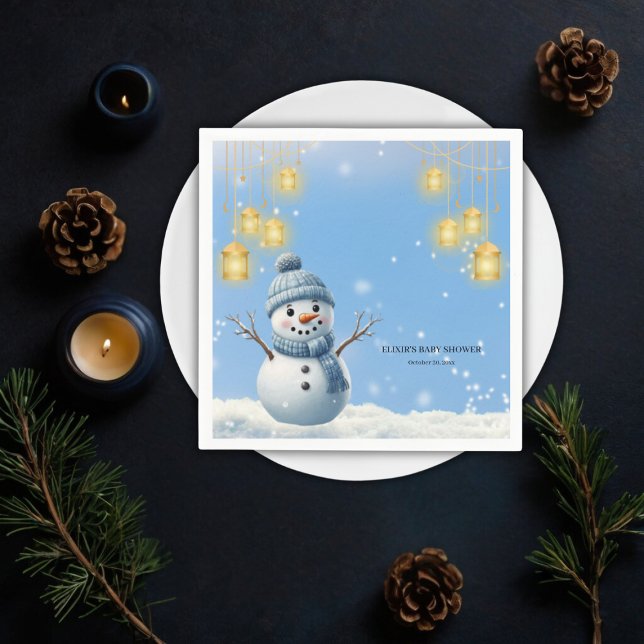 Blue Elegant Whimsical Winter Snögubbe Baby Shower Pappersservett (Skapare uppladdad)