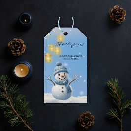 Blue Elegant Whimsical Winter Snögubbe Baby Shower Presentetikett