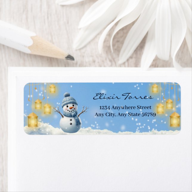 Blue Elegant Whimsical Winter Snögubbe Baby Shower Returadress Etikett (Insitu)