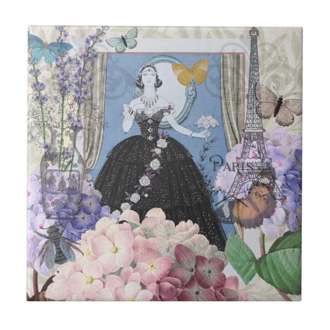 Blue Elegant Woman Blommigt Finare Gown Kakelplatta (Framsidan)