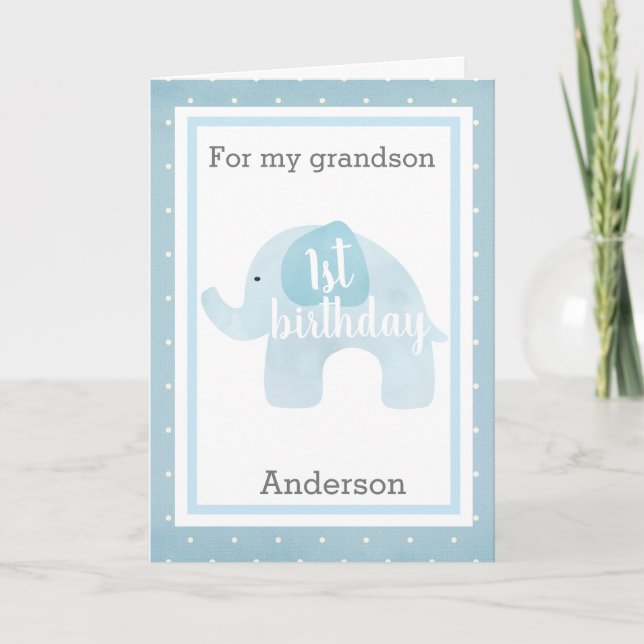 Blue Elephant 1st Birthday Grandson Kort (Framsida)