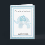 Blue Elephant 1st Birthday Grandson Kort<br><div class="desc">Ett sött blått elefant 1:a födelsedagspressbarnskort. Den har en mjuk blå vattenfärgselefant som säger "första födelsedag". Du kommer att kunna anpassa kortets framsida med din barnsons namn. Invändigt kortmeddelande kan också vara lätt att personlig. Baksidan av det här elefantbarnsbarnkortet på första födelsedagen har samma blå elefant, som du kan anpassa...</div>