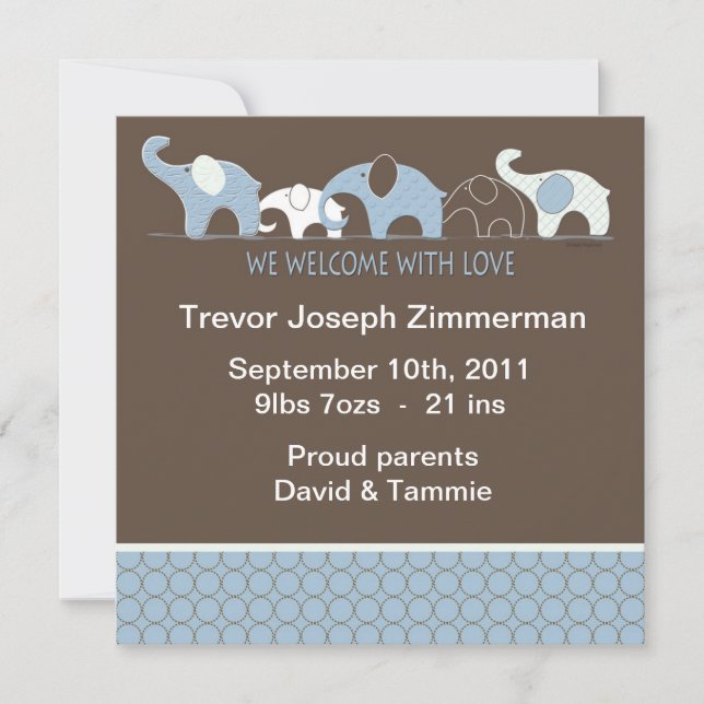 Blue Elephant Baby Annoucement utan foto Meddelande (Framsida)