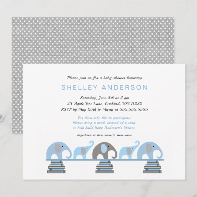 Blue Elephant Baby First Bibliotek Baby Shower Inbjudningar (Fram/baksida)