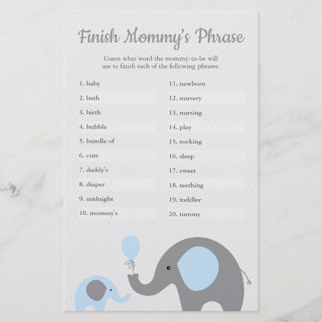 Blue Elephant Baby Shower Avslutar Mammans fras Flygblad (Framsidan)