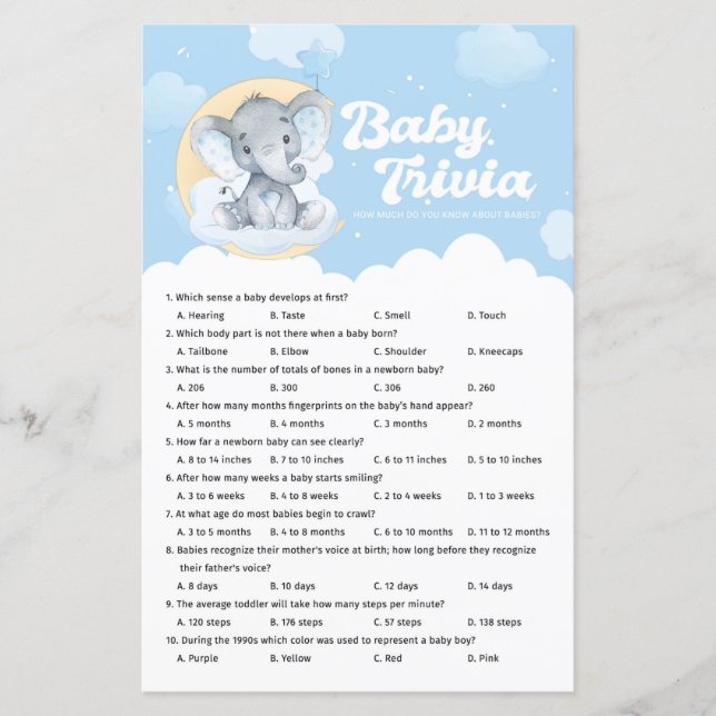 Blue Elephant Baby Shower Baby Trivia Game (Framsida)