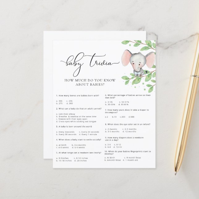 Blue Elephant Baby Shower Baby Trivia Game (Fram/Back In Situ)