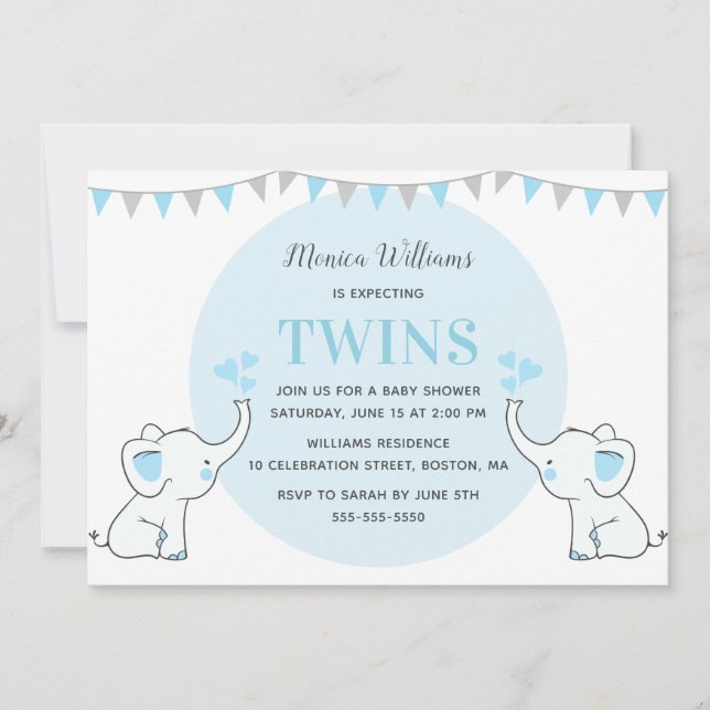 Blue Elephant Baby Shower | Boy Twillingars Baby S Inbjudningar (Framsida)