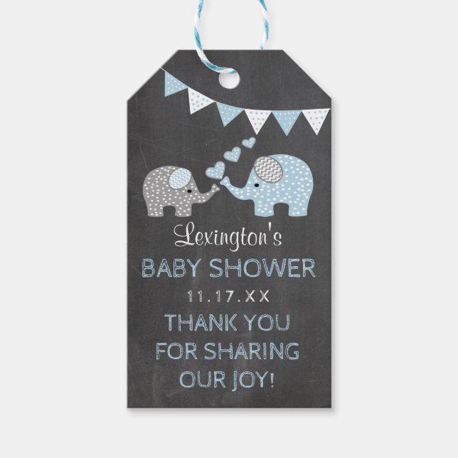Blue Elephant Baby Shower Chalk Tack Presentetikett (Framsidan)