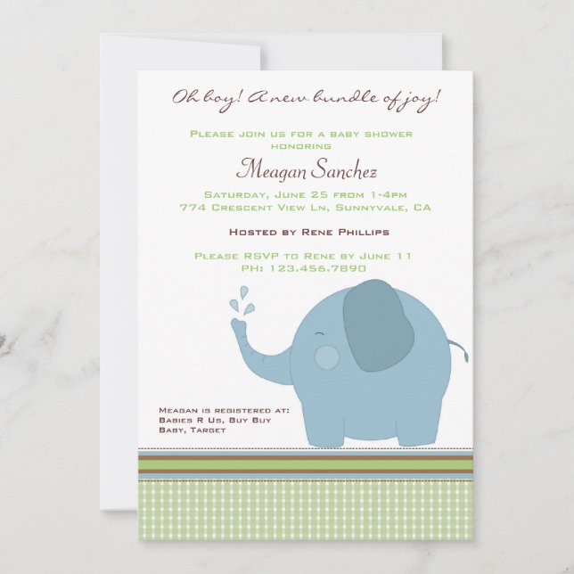 Blue Elephant Baby Shower Inbjudan (Framsida)