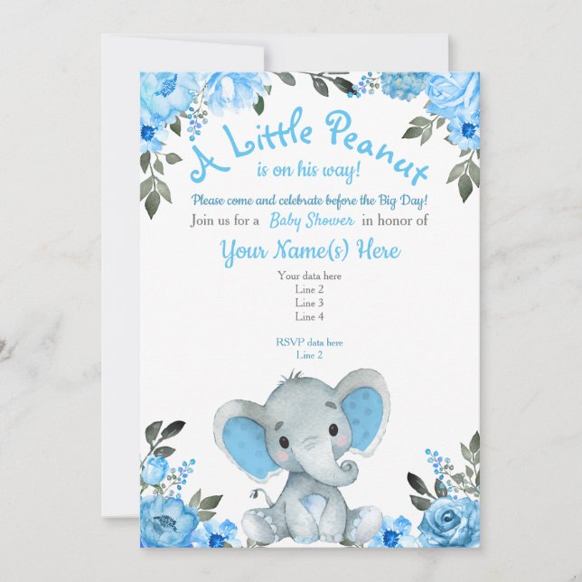 Blue Elephant Baby Shower-inbjudan, Blommigt Boy Inbjudningar (Framsida)