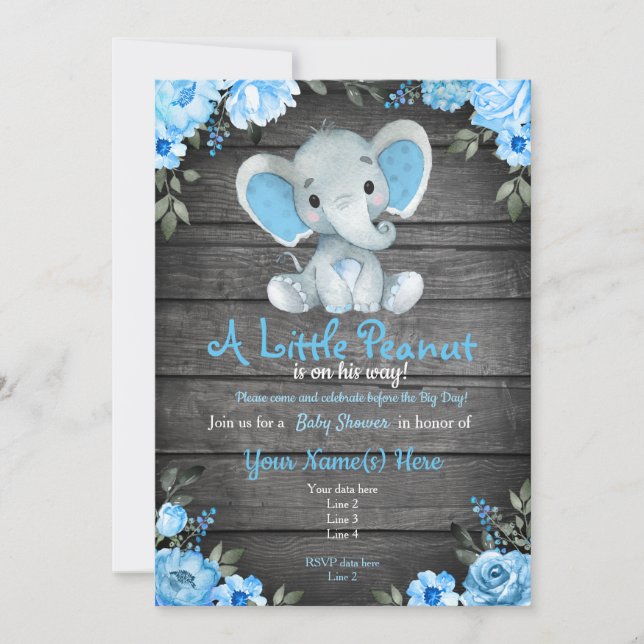 Blue Elephant Baby Shower-inbjudan, strålande pojk Inbjudningar (Framsida)