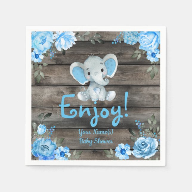 Blue Elephant Baby Shower-inbjudan, strålande pojk Pappersservett (Framsidan)