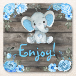 Blue Elephant Baby Shower-inbjudan, strålande pojk Underlägg Papper Kvadrat