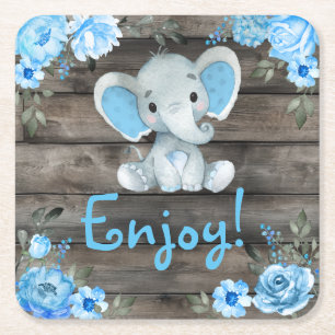 Blue Elephant Baby Shower-inbjudan, strålande pojk Underlägg Papper Kvadrat