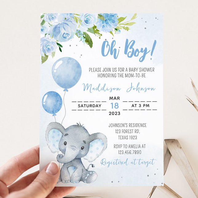 Blue Elephant Baby Shower Inbjudningar (Blue Floral Elephant Baby Shower Invitation)