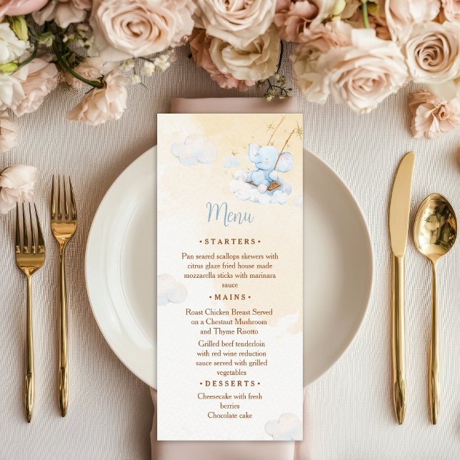 Blue Elephant Baby Shower Menu Card Cloud Stars Meny (Skapare uppladdad)