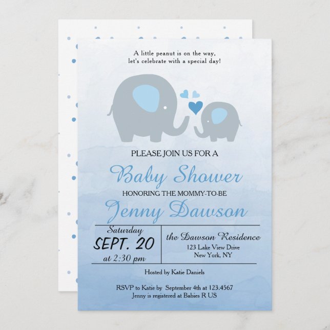 Blue Elephant Baby Shower Party Inbjudningar (Fram/baksida)