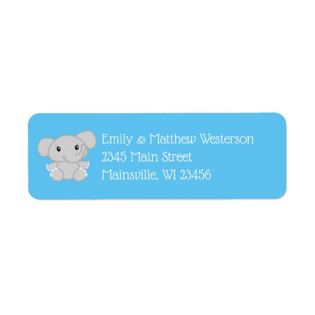 Blue Elephant Baby Shower Returadress Etikett (Framsidan)