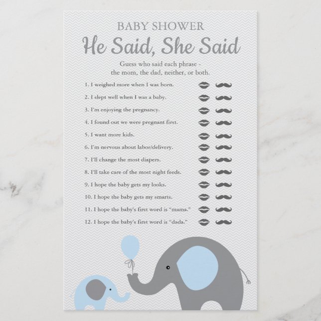 Blue Elephant Baby Shower sa att hon sa att spel Flygblad (Framsidan)