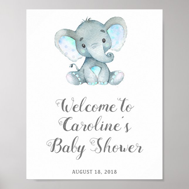 Blue Elephant Baby Shower Sign, Safari Baby Shower Poster (Framsidan)