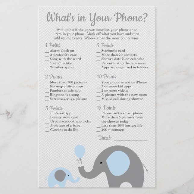 Blue Elephant Baby Shower What's in Your Mobil (Framsida)