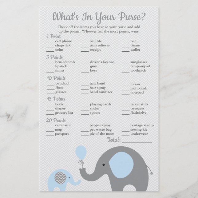 Blue Elephant Baby Shower What's in Your Purse Flygblad (Framsidan)