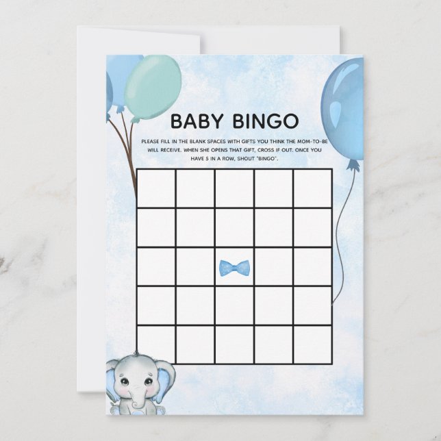 Blue Elephant Ballodels Baby Shower Baby Bingo Car Inbjudningar (Framsida)