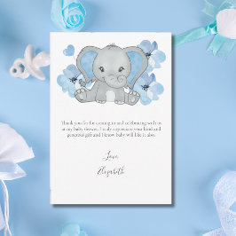 Blue Elephant Balloon Flower Pojke Baby Shower Tack Kort