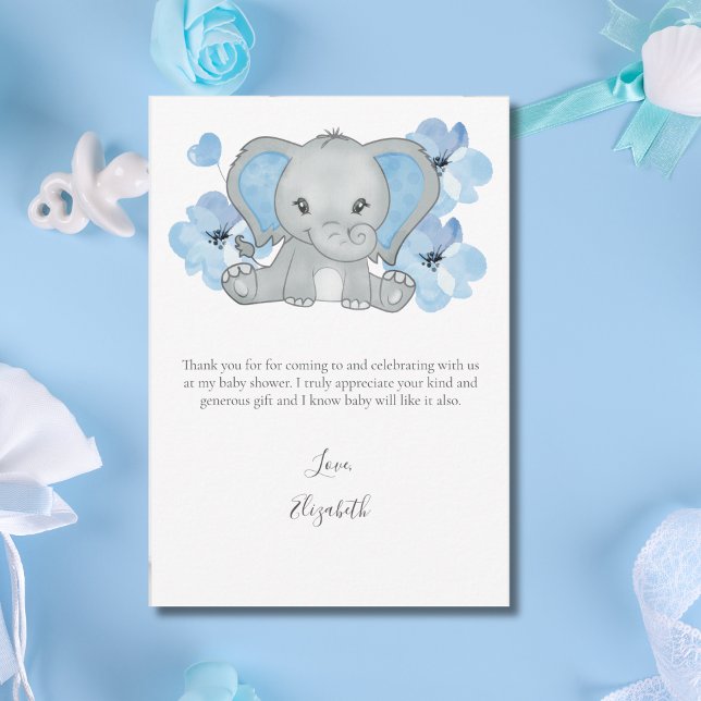 Blue Elephant Balloon Flower Pojke Baby Shower Tack Kort (Blue Elephant Baby Shower Thank you Note cards for Boy Baby Shower)