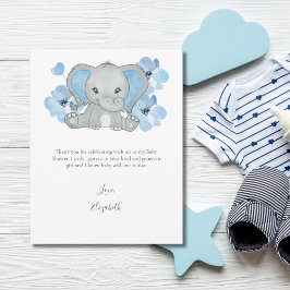 Blue Elephant Balloon Flower Pojke Baby Shower Tack Kort