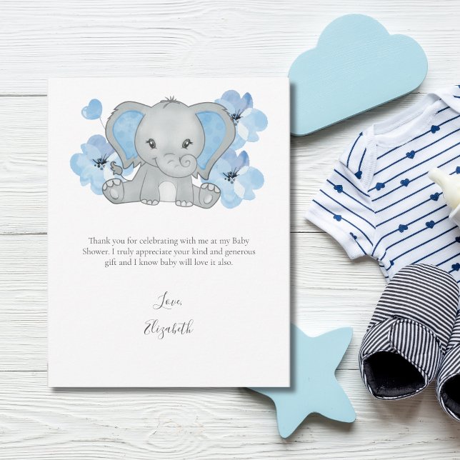 Blue Elephant Balloon Flower Pojke Baby Shower Tack Kort (Blue Elephant Baby Shower Thank you cards For Boy Baby Shower)