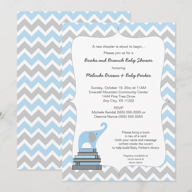Blue Elephant Bok Baby Shower, bokar och brunch Inbjudningar (Fram/baksida)