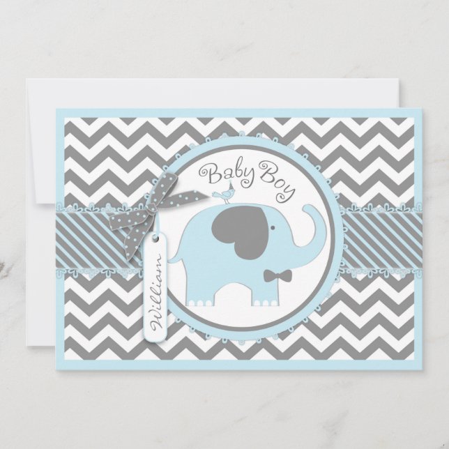 Blue Elephant Bow Tie Chevron Print Baby Shower Inbjudningar (Framsida)