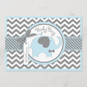 Blue Elephant Bow Tie Chevron Print Baby Shower Inbjudningar