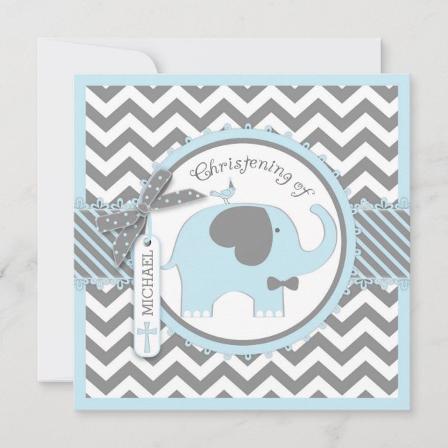 Blue Elephant Bow Tie Chevron Print Christening Inbjudningar (Framsida)