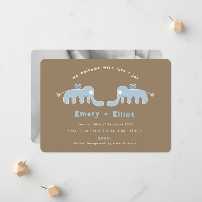 Blue Elephant Bow Tie Pojke Birth Notice Meddelande (Fram/Back In Situ)