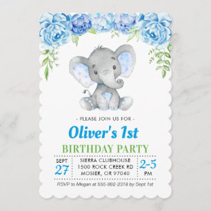 Blue Elephant Boy 1:a födelsedag Party Inbjudningar