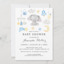 Blue Elephant Boy Baby Leksak Baby Shower Watercol