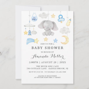 Blue Elephant Boy Baby Leksak Baby Shower Watercol Inbjudningar